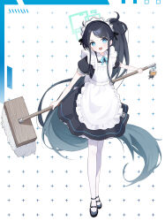1girl absurdres ame_miya_ta apron aqua_eyes aqua_halo aris_(blue_archive) aris_(maid)_(blue_archive) black_dress black_hair black_shoes blue_archive blue_bow blue_bowtie bow bowtie commentary cross_background dress full_body gradient_hair halo highres holding holding_mop long_hair looking_at_viewer maid maid_apron maid_headdress mop multicolored_hair official_alternate_costume official_alternate_hairstyle open_mouth pantyhose ponytail robot shoes short_sleeves solo very_long_hair white_background white_pantyhose
