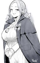 1girl braid breasts brooch bug butterfly coat coat_on_shoulders cropped_legs dress frills highres insect jewelry large_breasts lies_of_p own_hands_together ravenhart smile solo sophia_monad standing