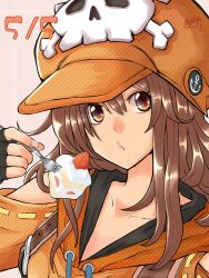 1girl anchor_symbol brown_eyes brown_hair newsboy_cap cake cake_slice dated food fork guilty_gear guilty_gear_strive hair_between_eyes hat highres holding holding_fork long_hair looking_at_viewer mariebell may_(guilty_gear) orange_hat signature skull_and_crossbones solo upper_body