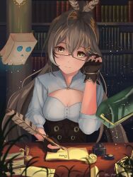 1girl adjusting_hair bag black-framed_eyewear black_gloves bookshelf breasts brown_corset brown_hair cleavage_cutout closed_mouth clothing_cutout commentary corset desk feather_hair_ornament feathers friend_(nanashi_mumei) glasses gloves hair_ornament highres holding holding_quill hololive hololive_english indoors inkwell lamp long_hair medium_breasts nanashi_mumei nanashi_mumei_(1st_costume) paper paper_bag partially_fingerless_gloves phos_(s_phos) quill semi-rimless_eyewear shirt sitting smile symbol-only_commentary twitter_username virtual_youtuber white_shirt writing yellow_eyes