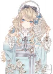 Rule 34 | 1girl, absurdres, blonde hair, blue butterfly, blue eyes, bonnet, bug, butterfly, butterfly on hand, closed mouth, floral print, folding fan, hand fan, highres, holding, holding fan, insect, japanese clothes, key, kimono, lolita fashion, long hair, long sleeves, looking at viewer, marker (medium), obi, original, paruno, pocket watch, print kimono, sash, solo, standing, traditional media, watch