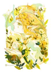 1girl blonde_hair border choker from_side highres holding jewelry leaf long_hair necklace nintendo owlyjules painting_(medium) plant pointy_ears princess_zelda profile solo sparkle the_legend_of_zelda the_legend_of_zelda:_tears_of_the_kingdom traditional_media twitter_username upper_body watercolor_(medium) white_border yellow_eyes yellow_theme