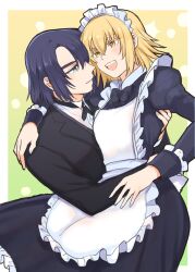 1boy 1girl apron arm_around_shoulder athrun_zala black_dress black_suit blonde_hair blue_hair butler cagalli_yula_athha couple dress formal_clothes green_eyes gundam gundam_seed highres hug kimi88407604 looking_at_another maid maid_apron maid_headdress short_hair smile suit yellow_eyes