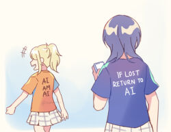 +++ 2girls asaka_karin blonde_hair blue_background blue_hair blue_shirt cellphone clothes_writing commentary dark_blue_hair english_commentary english_text gradient_background high_ponytail holding holding_phone love_live! love_live!_nijigasaki_high_school_idol_club medium_hair miniskirt miyashita_ai multiple_girls open_mouth orange_shirt phone plaid_clothes plaid_skirt pleated_skirt ponytail pun shirt short_sleeves sidelocks simple_background sioneve skirt smartphone t-shirt teeth twitter_username two-tone_background upper_teeth_only white_background white_skirt