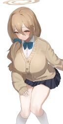 Rule 34 | 1girl, absurdres, akane (blue archive), akane (school uniform) (blue archive), black skirt, blonde hair, blue archive, blue bow, blue scrunchie, blush, bow, cardigan, closed mouth, hair between eyes, hair ornament, hair over shoulder, hair scrunchie, highres, long hair, looking at viewer, official alternate costume, official alternate hairstyle, scrunchie, sexyhen, shirt, sidelocks, skirt, smile, solo, white shirt, yellow cardigan, yellow eyes