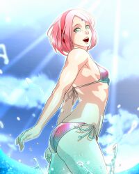 1girl :d absurdres arms_at_sides ass bare_shoulders beach bikini boruto:_naruto_next_generations breasts cloud cowboy_shot facial_mark forehead_mark hairband haruno_sakura highres light_rays looking_at_viewer naruto_(series) open_mouth parted_bangs pink_bikini pink_hair red_hairband saburo_des short_hair side-tie_bikini_bottom sideboob small_breasts smile sunbeam sunlight swimsuit teeth upper_teeth_only water