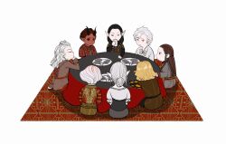 3girls 5boys astarion aurelia_(baldur&#039;s_gate) baldur&#039;s_gate baldur&#039;s_gate_3 black_hair blonde_hair carpet cazador_szarr colored_skin dalyria_(baldur&#039;s_gate) dungeons_&amp;_dragons dungeons_&amp;_dragons highres ichijo_(cyxxx123) leon_onufrio long_hair mouse_(animal) multiple_boys multiple_girls petras_(baldur&#039;s_gate) red_hair red_skin sitting table tiefling violet_(baldur&#039;s_gate) white_background white_hair yousen_(baldur&#039;s_gate)