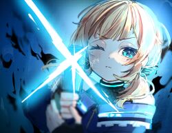 1girl blonde_hair blue_background blue_eyes blurry blurry_foreground closed_mouth depth_of_field gun hair_ornament highres holding holding_sword holding_weapon looking_at_viewer motosu_towa nogiro_(usa_ru) one_eye_closed solo sword twintails upper_body weapon world_dai_star