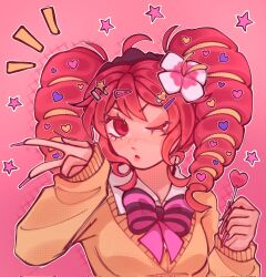 ahoge bow bowtie breasts candy collared_shirt drill_hair fingernails flower food gradient_background gyaru hair_flower hair_ornament hairclip heart heart-shaped_food heart-shaped_lollipop heart_hair_ornament highres isyuboysam kasane_teto kogal lollipop long_fingernails magical_miracle_metagalphose_(synthv) manba_gyaru one_eye_closed outline pink_background purple_bow purple_bowtie purple_nails red_eyes red_hair shaped_lollipop shirt star_(symbol) star_hair_ornament striped_bow striped_bowtie striped_clothes sweater twin_drills upper_body utau white_outline white_shirt yellow_sweater