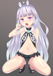 10s 1girl ankle_garter antenna_hair bare_shoulders blunt_bangs cameltoe candy female_focus flat_chest food fur_trim grey_background hare_shigure high_heels highres hoshimiya_kate lollipop long_hair lowleg lowleg_skirt midriff navel no_mask open_mouth purple_eyes saliva sekai_seifuku:_bouryaku_no_zvezda sexually_suggestive shoes silver_hair skirt solo squatting star_(symbol) tongue tongue_out venera-sama very_long_hair