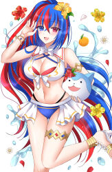 Rule 34 | 1girl, bikini, blue bikini, blue eyes, blue hair, blush, breasts, character ball, cleavage, criss-cross halter, crossed bangs, female alear (fire emblem), female alear (seaside dragon) (fire emblem), fire emblem, fire emblem engage, fire emblem heroes, gold armlet, gold thighlet, halterneck, heterochromia, highres, kirishima riona, large breasts, long hair, multicolored bikini, multicolored hair, multicolored swimsuit, nintendo, official alternate costume, official alternate hairstyle, open mouth, ponytail, red bikini, red eyes, red hair, showgirl skirt, smile, solo, sommie (fire emblem), split-color hair, swimsuit, two-tone hair, very long hair, white bikini