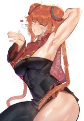 1girl absurdres armpit_focus armpits black_dress blowing_kiss body_freckles breasts commentary deccatezu dress english_commentary freckles frilled_sleeves frills heart highres ishmael_(project_moon) jia_xichun_(project_moon) kiss limbus_company long_hair long_sleeves looking_at_viewer medium_breasts messy_hair one_eye_closed orange_hair project_moon red_shrug sidelocks simple_background solo strapless strapless_dress very_long_hair white_background wide_sleeves yellow_eyes