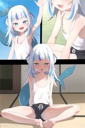 1girl arm_up armpits barefoot black_shorts blue_eyes blue_hair blue_nails blue_panties commentary downblouse drawstring fins fish_tail flat_chest gawr_gura highres hololive hololive_english loli long_hair looking_at_viewer multicolored_hair nail_polish nipples onion_(tamanegi) open_mouth panties panties_under_shorts pantyshot shark_girl shark_tail sharp_teeth short_shorts shorts sitting solo streaked_hair striped_clothes striped_panties tail tank_top teeth toenail_polish toenails two_side_up underwear upper_teeth_only virtual_youtuber waving white_hair white_tank_top