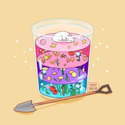 artist_name bud cat closed_eyes commentary english_commentary flower food fruit gelatin glass lemon lemon_slice no_humans object_focus original pink_flower pink_tulip rainbow_order red_flower red_tulip seaweed shadow shovel signature sleeping star_(symbol) teri_sky tulip water_lily_flower white_cat white_flower yellow_background