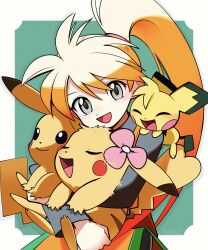 Rule 34 | 1girl, :d, absurdres, blonde hair, chuchu (pokemon), gen 1 pokemon, gen 2 pokemon, grey eyes, hair between eyes, high ponytail, highres, holding, holding pokemon, long hair, long sleeves, looking at viewer, nintendo, open mouth, pibu (pokemon), pichu, pika (pokemon), pikachu, pokemon, pokemon (creature), pokemon adventures, ponytail, smile, umineko skyblue, yellow (pokemon)