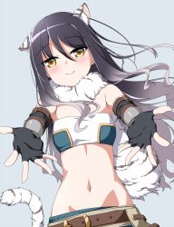 1girl :&gt; akira_irodori animal_ears belt black_gloves black_hair blush breasts brown_belt closed_mouth collar fingerless_gloves floating_hair fur_collar gloves gradient_hair grey_background grey_hair hair_between_eyes long_hair looking_at_viewer midriff multicolored_hair navel outstretched_arms princess_connect! reaching reaching_towards_viewer shiori_(princess_connect!) simple_background single_ear_down small_breasts smile solo strapless tail tiger_ears tiger_girl tiger_tail tube_top upper_body wavy_hair white_collar white_tube_top wrist_guards yellow_eyes