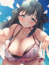1girl absurdres amano_nene_(vtuber) bare_arms bare_shoulders bikini blue_eyes blue_hair blush breasts cleavage commission hair_ornament hair_rings highleg highleg_bikini highres incoming_hug indie_virtual_youtuber jewelry large_breasts leaning_forward long_hair looking_at_viewer necklace skeb_commission smile solo string_bikini swimsuit teeth virtual_youtuber wing_hair_ornament zat_tajimamo