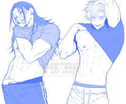 Rule 34 | 2boys, abs, blue theme, clothes lift, commentary request, covering own mouth, cowboy shot, eyelashes, getou suguru, gojou satoru, guilty challenge (meme), hair pulled back, hand on own head, hand over own mouth, hand under clothes, hand under shirt, highres, jujutsu kaisen, kazu (asagi), looking at viewer, male focus, male pubic hair, male underwear, male underwear peek, meme, multiple boys, muscular, muscular male, navel, nipple piercing, nipples, open mouth, pants, pectorals, piercing, plug (piercing), pubic hair, shirt, shirt lift, short hair, simple background, smile, sweatpants, teeth, underwear, veins, veiny arms, white background