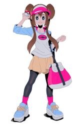 1girl absurdres adapted_costume arnaud_tegny black_pantyhose blue_eyes blue_shoes bright_pupils brown_hair clenched_hand commentary_request double_bun full_body hair_bun highres holding holding_poke_ball long_hair nintendo pantyhose pink_bag pink_socks pleated_skirt poke_ball poke_ball_(basic) pokemon pokemon_bw2 raglan_sleeves ribbed_socks rosa_(pokemon) shirt shoes sidelocks skirt socks solo standing three-quarter_sleeves twintails visor_cap white_pupils yellow_skirt