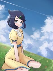 1girl black_hair blue_eyes closed_mouth cloud commentary_request cowlick creatures_(company) day dress eyelashes flower game_freak grass hair_ornament hairclip highres liko_(pokemon) nintendo outdoors pokemon pokemon_(anime) pokemon_horizons short_hair short_sleeves sitting sky solo swept_bangs thedarkestuno yellow_dress