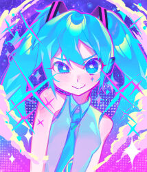 1girl aqua_eyes aqua_necktie breasts bright_pupils closed_mouth cloud commentary grey_shirt hatsune_miku highres iro_(mywife_sunny) long_hair necktie shirt sleeveless sleeveless_shirt small_breasts smile solo sparkle symbol-only_commentary twintails uneven_eyes upper_body v-shaped_eyebrows vocaloid white_pupils