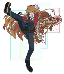 1girl black_pants black_shoes black_vest bow bowl brown_hairband chives collared_shirt dumpling floating_hair food full_body guilty_gear hair_bow hairband highres hitbox holding holding_bowl ishmael_(project_moon) jacket kotori_trinity limbus_company liu_association_(identity)_(project_moon) long_hair necktie noodles open_mouth orange_hair pants project_moon ramen red_jacket red_necktie rope shirt shoes sidelocks smile sol_badguy solo soup standing standing_on_one_leg very_long_hair vest white_bow white_shirt