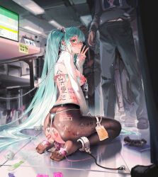 Rule 34 | 1girl, absurdres, anal beads, aqua nails, ass, black pantyhose, blue eyes, blue hair, blush, body writing, catheter, chain, chained, closed mouth, condom, condom wrapper, cum, cum on body, cumdump, dildo, drooling, earrings, egg vibrator, faceless, faceless male, fingernails, from behind, full body, hatsune miku, heart, highres, holding, holding condom, holding leash, human toilet, humiliation, id card, jewelry, kneeling, leash, long fingernails, looking at viewer, looking back, medium hair, multiple boys, multiple condoms, nail polish, nipple piercing, nipples, object insertion, on floor, pantyhose, piercing, revealing clothes, seiza, sex toy, sitting, soles, solo focus, restroom symbol, used condom, used tissue, v, vaginal, vaginal object insertion, vibrator, vibrator on feet, vocaloid, ying yi