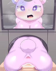 1boy 1girl animal_crossing anus ass bar_censor bear_girl censored furry furry_female furry_with_non-furry glory_wall hetero highres interspecies judy_(animal_crossing) nintendo penis pink_fur pov samimitan stuck through_wall vaginal villager_(animal_crossing)