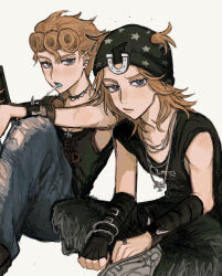 2boys absurdres alternate_costume aoiro0401 beanie blonde_hair blue_eyes earrings giorno_giovanna hat highres horseshoe horseshoe_hat_ornament horseshoe_ornament in-franchise_crossover jewelry johnny_joestar jojo_no_kimyou_na_bouken long_hair male_focus multiple_boys star_(symbol) star_print steel_ball_run vento_aureo victory_rolls