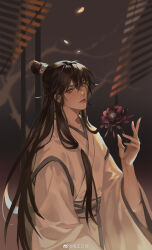 Rule 34 | 1boy, blurry, blurry background, branch, brown hair, chinese clothes, cowboy shot, erha he tadebai mao shizun, falling petals, flower, gradient background, grey eyes, haiwu kehai, hanfu, highres, holding, holding flower, long hair, long sleeves, looking at viewer, low-tied sidelocks, male focus, parted lips, petals, pink petals, purple flower, sash, shi mei, sidelocks, solo, tassel, topknot, watermark, weibo watermark, white hanfu, white sash, wide sleeves, window blinds, xiao guan (headdress)