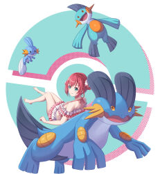 1girl absurdres alternate_hairstyle bikini birthday blush breasts commentary_request game_freak gen_3_pokemon green_eyes highres kurosawa_ruby light_smile love_live! love_live!_sunshine!! marshtomp mudkip nintendo orange_eyes pokemon pokemon_(creature) red_hair sidelocks small_breasts swampert swimsuit tsukimi_seiya