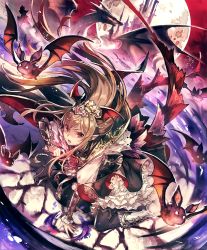 1girl artist_request bat_(animal) brown_hair castle crown cygames darkness dragon earrings fang female_focus flower frilled_skirt frills full_moon head_wings high_heels jewelry kneeling long_hair looking_at_viewer moon official_art pointy_ears red_eyes red_sky rose serious shadowverse shingeki_no_bahamut skirt sky solo vampire vampy very_long_hair wings