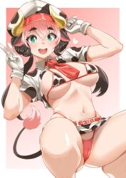 Rule 34 | 1girl, animal ears, animal print, artist name, ayamo kaoru, belt, bikini, border, borrowed character, breasts, brown hair, cameltoe, collared shirt, commentary request, cow ears, cow girl, cow horns, cow print, cow print bikini, cow tail, feet out of frame, gloves, green eyes, hair between eyes, hat, heart, highleg, highleg bikini, highres, horns, large breasts, long hair, looking at viewer, multicolored hair, navel, necktie, open mouth, original, outside border, pink hair, print bikini, red belt, red necktie, red trim, shirt, short necktie, skirt, smile, solo, squatting, stomach, string bikini, swimsuit, tail, teeth, twitter username, two-tone hair, upper teeth only, v, white border, white gloves, white hat, white shirt, white skirt