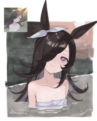 1girl animal_ears artist_name asymmetrical_bangs bathing breasts brown_hair closed_mouth collarbone commentary english_commentary flipped_hair hair_over_one_eye highres horse_ears horse_girl ixopod long_hair looking_at_viewer naked_towel onsen partially_submerged photo_inset purple_eyes reference_inset rice_shower_(umamusume) small_breasts smile solo towel umamusume water wet