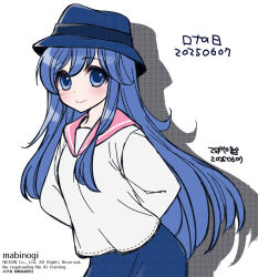 1girl blue_eyes blue_hair blue_hat hat long_hair long_skirt lorna mabinogi shirt simple_background skirt smile tepaoh888 white_shirt