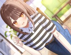 Rule 34 | 1girl, :d, barefoot, breasts, brown eyes, brown hair, day, denim, fang, highres, impossible clothes, indoors, jeans, leaning forward, lens flare, medium breasts, mimikaki, mizukoshi (marumi), official art, open mouth, pants, ponytail, shirt, short sleeves, skin fang, smile, solo, striped clothes, striped shirt, white shirt