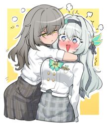 2girls black_hairband black_ribbon blush bow bowtie buttons collared_shirt double-breasted firefly_(honkai:_star_rail) firefly_(spring_missive)_(honkai:_star_rail) green_bow green_bowtie green_pupils grey_hair grey_skirt hair_between_eyes hair_intakes hair_ornament hair_ribbon hairband highres honkai:_star_rail honkai_(series) hug long_hair multicolored_eyes multiple_girls open_mouth pleated_skirt ribbon shirt sifserf skirt stelle_(honkai:_star_rail) teeth trailblazer_(honkai:_star_rail) two-tone_eyes white_shirt yellow_eyes
