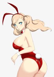 1girl absurdres animal_ear_hairband animal_ears ass blonde_hair blue_eyes bow bowtie breasts earrings fake_animal_ears floating_hair hair_ornament hairband hairclip highres jewelry large_breasts leotard long_hair looking_at_viewer looking_back nahone_peko parted_lips persona persona_5 playboy_bunny rabbit_ear_hairband rabbit_ears rabbit_tail red_bow red_bowtie red_leotard sideboob simple_background solo stud_earrings tail takamaki_anne twintails wavy_hair white_background wrist_cuffs