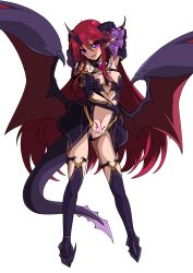 1girl absurdres aoi_tabane arm_behind_head breasts commission corruption dark_persona demon_girl demon_horns demon_tail demon_wings detached_collar dragon_tail dragon_wings elbow_gloves flower full_body gloves hair_between_eyes hair_ornament hair_ribbon heart heart_tattoo highres horns kouyoku_senki_exs-tia loli long_hair looking_at_viewer luxtia navel open_mouth pixiv_commission pointy_ears pubic_tattoo purple_eyes red_hair revealing_clothes ribbon shakugan_no_shana shana showgirl_skirt simple_background small_breasts smile solo spread_wings tail tattoo thighhighs transparent_background variant_set very_long_hair wings