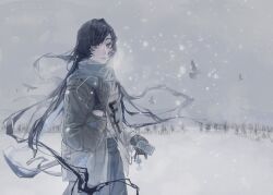 1girl ado_(utaite) bird black_gloves black_hair blue_eyes blue_scarf brown_coat chando_(ado) coat commentary_request earphones gloves highres htt_hatuotuo looking_at_viewer open_mouth outdoors scarf snow utaite