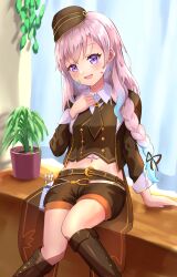 1girl :d absurdres airani_iofifteen airani_iofifteen_(military_casual) arm_support art_brush belt belt_pouch blue_hair blush boots braid breasts brown_hat brown_jacket brown_necktie brown_shorts brown_vest coattails commentary_request crescent crescent_earrings cropped_shirt cropped_vest curtana_(crosscore) earrings feet_out_of_frame flower_pot garrison_cap gradient_hair grey_hair hair_over_shoulder hand_on_own_chest hat highres hololive hololive_indonesia indoors isazawa jacket jewelry knee_boots long_hair long_sleeves looking_at_viewer multicolored_hair necktie official_alternate_costume official_alternate_hairstyle on_windowsill open_clothes open_jacket open_mouth paint_splatter paint_splatter_on_face paintbrush pouch purple_eyes shirt short_necktie short_shorts shorts side_braid sitting small_breasts smile solo straight_hair swept_bangs tilted_headwear vest virtual_youtuber white_shirt windowsill