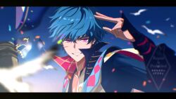1boy bird blue_hair blue_hat blue_shirt blurry blurry_background blurry_foreground brant_(wuthering_waves) collarbone confetti depth_of_field earrings eye_mask grin hair_between_eyes half_mask hand_up hashtag-only_commentary hat hat_loss highres jewelry long_sleeves looking_at_viewer male_focus mask multicolored_hair multicolored_shirt open_clothes open_shirt outdoors puffy_long_sleeves puffy_sleeves purple_eyes purple_streaks sae_naiyatsu shirt short_hair smile solo streaked_hair stud_earrings teeth thumb_hole_sleeves toned toned_male tricorne unworn_hat unworn_headwear unworn_mask upper_body very_short_hair watermark wind wuthering_waves