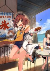 1other 2girls adapted_costume admiral_(kancolle) apron barefoot beach black_one-piece_swimsuit blue_eyes braid brown_eyes brown_hair casual_one-piece_swimsuit commentary_request counter curry day drawstring feet_out_of_frame flat_chest food glass hair_flaps hair_over_shoulder hamster headgear hood hooded_jacket hoodie indoors jacket kantai_collection kirisawa_juuzou looking_at_viewer multiple_girls name_tag non-human_admiral_(kancolle) one-piece_swimsuit sandals school_swimsuit shigure_(kancolle) short_hair single_braid smile speaking_tube_headset swimsuit table traditional_media white_jacket yellow_apron yukikaze_(kancolle) yukikaze_(swimsuit)_(kancolle)