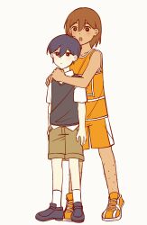 Rule 34 | 2boys, absurdres, antenna hair, bailan1130, black eyes, black hair, black shoes, black sweater vest, bright pupils, brown hair, brown shorts, closed mouth, collarbone, collared shirt, dark-skinned male, dark skin, full body, highres, hug, hug from behind, kel (faraway) (omori), kel (omori), loafers, male focus, multiple boys, omori, open mouth, orange shoes, orange shorts, shirt, shoes, short hair, short sleeves, shorts, simple background, sneakers, socks, sunny (omori), sweater vest, teeth, upper teeth only, white background, white pupils, white shirt, white socks
