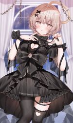 1girl absurdres bare_shoulders black_dress black_pantyhose black_ribbon black_thighhighs blush breasts brown_eyes brown_hair chain cleavage cleavage_cutout clothing_cutout commission dress hair_ornament halo heart_cutout highres indoors looking_at_viewer medium_breasts medium_hair original pantyhose ribbon short_sleeves single_leg_pantyhose single_thighhigh skeb_commission solo thigh_strap thighhighs x_hair_ornament yam_(yamap_mako)