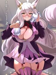 1girl absurdres ahoge animal_ears biwa_hayahide_(umamusume) black_jacket black_skirt blurry blurry_background breasts cleavage closed_mouth commentary_request cowboy_shot ear_ornament garter_straps glasses grey_hair grin highres horse_ears horse_girl horse_tail jacket large_breasts long_hair long_sleeves looking_at_viewer neck_ribbon necktie paid_reward_available purple_thighhighs red-framed_eyewear red_ribbon ribbon semi-rimless_eyewear shirt skirt smile smoke_klll solo tail thighhighs towel towel_around_neck translation_request umamusume under-rim_eyewear very_long_hair yellow_eyes