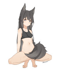 1girl animal_ears black_hair black_tank_top bottomless breasts facing_viewer grey_eyes highres long_hair looking_at_viewer nauwa navel original simple_background spread_legs squatting sweat tail tail_censor tank_top twitter_username white_background