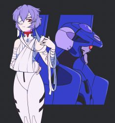 1girl absurdres ayanami_rei bandage_over_one_eye bandaged_arm bandages blue_hair bodysuit breasts closed_mouth commentary eva_00 expressionless hair_between_eyes highres jeff_miga looking_at_viewer mecha mecha_pilot_suit medium_breasts neon_genesis_evangelion plugsuit_(evangelion) red_eyes robot short_hair solo standing white_bodysuit