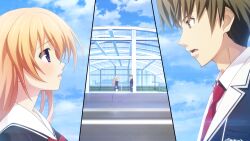 1boy 1girl architecture black_jacket black_pants blazer blue_sky bow breasts brown_eyes building chaos;child chaos;child_love_chu_chu!! chest_bow cityscape cloud cloudy_sky cropped_jacket dress_vest game_cg green_hair hair_ribbon hekiho_academy hekiho_academy_school_uniform highres jacket kawahara_masashi kurusu_nono ladder lapels long_hair looking_at_another looking_down medium_breasts miniskirt necktie notched_lapels official_art on_roof on_rooftop orange_hair outdoors pants purple_eyes red_necktie ribbon rooftop sailor_collar sailor_shirt sasaki_mutsumi school_emblem shirt short_hair skirt sky skyscraper tennis tennis_court tennis_net thick_thighs thighs very_short_hair white_sailor_collar