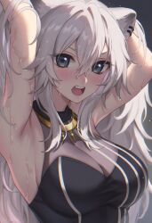 Rule 34 | 1girl, animal ears, armpits, arms behind head, beyo, blush, breasts, earrings, fang, gold necklace, grey eyes, highres, hololive, jewelry, large breasts, lion ears, lion girl, long hair, necklace, shishiro botan, shishiro botan (1st costume), simple background, sweat, virtual youtuber, white hair